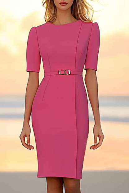 Work Semi-Formal Dress Pink Half Sleeve Round Neck Knee-Length Dress
