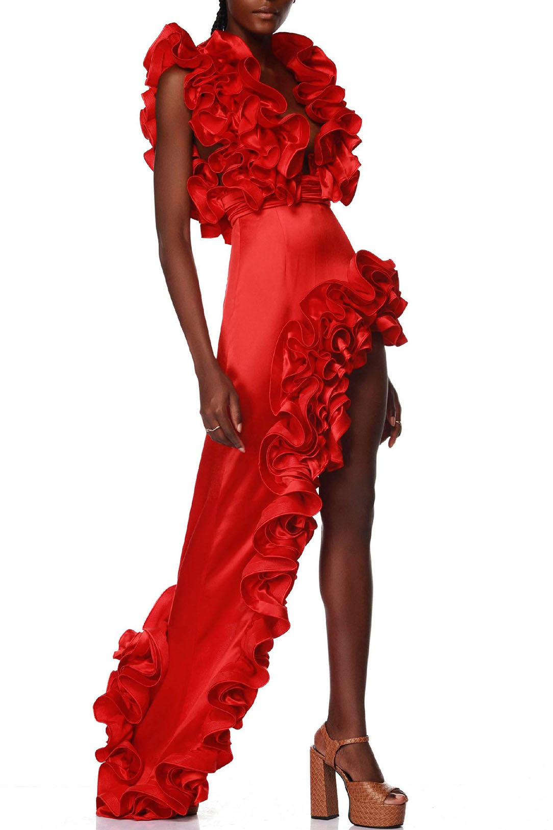 Red Ruffle One Shoulder Swimsuit and Matching Asymmetric Skirt