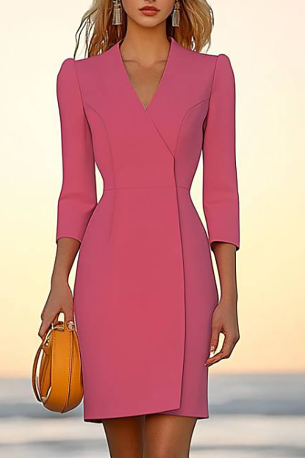 Business Semi-Formal Dress Pink V-Neck Long Sleeve Mini Dress
