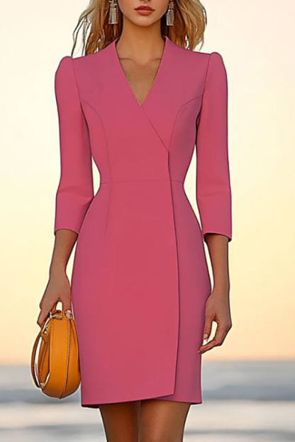 Business Semi-Formal Dress Pink V-Neck Long Sleeve Mini Dress