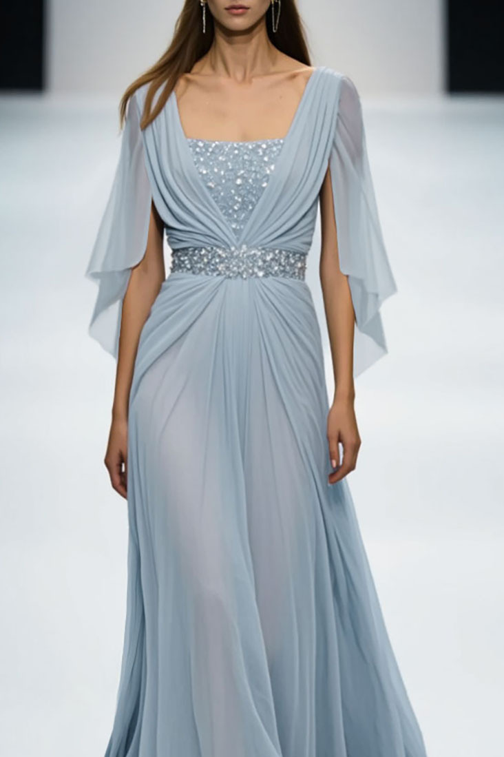 Evening Dress Light Blue Rhinestone Chiffon Floor-Length Gown