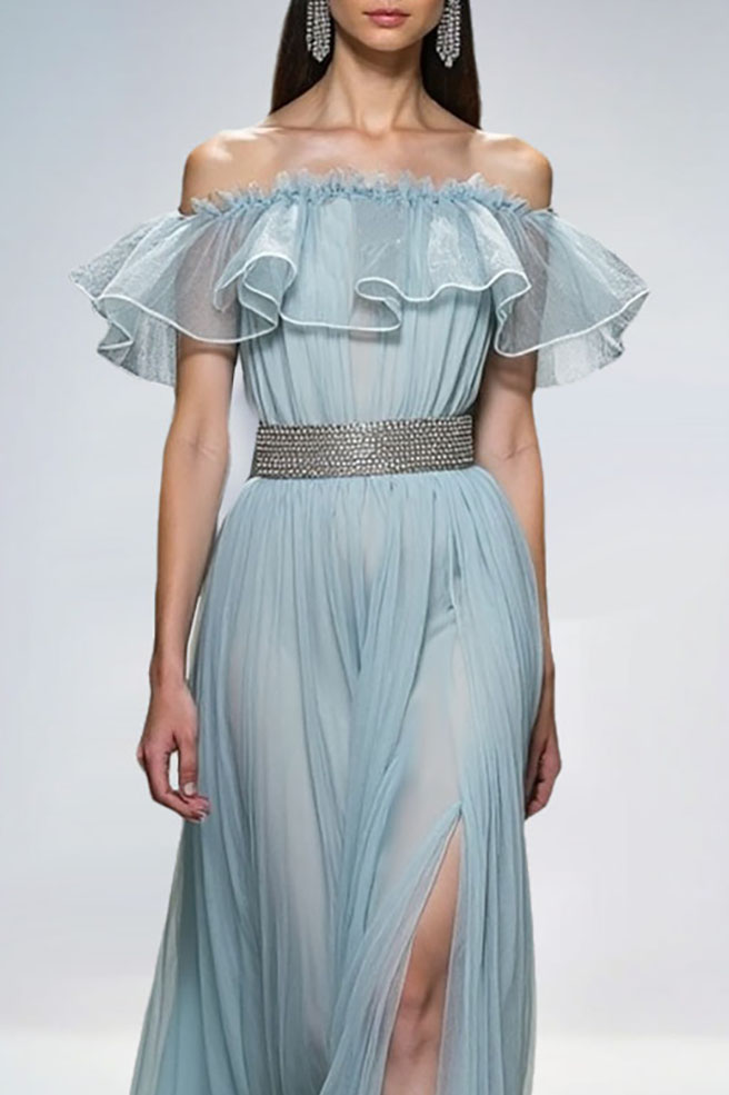 Evening Dress Light Blue Off Shoulder Ruffle Chiffon Slit Maxi Gown