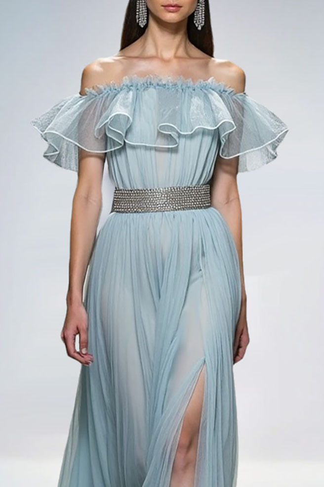 Evening Dress Light Blue Off Shoulder Ruffle Chiffon Slit Maxi Gown