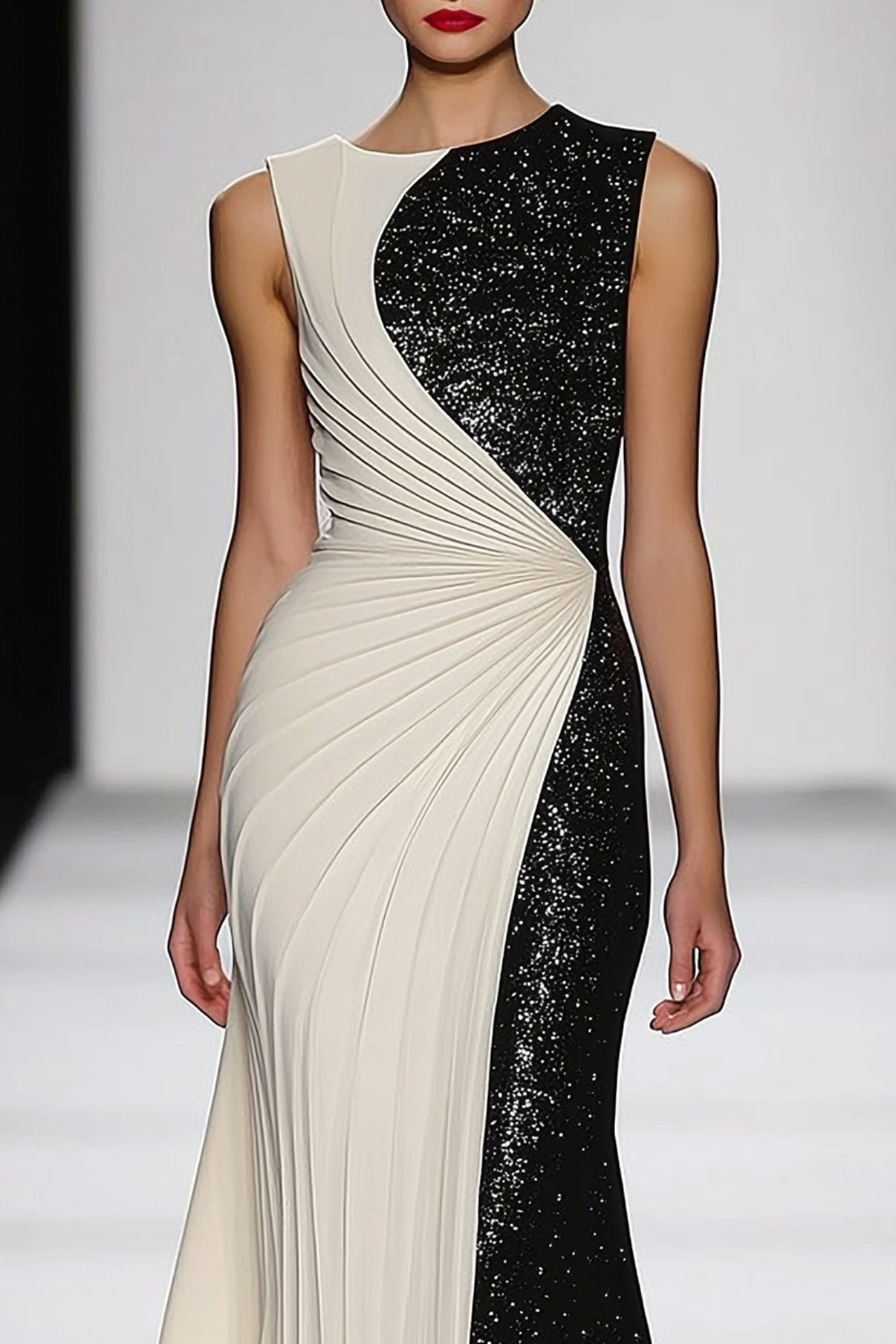 Evening Formal Dress Black White Sequin Sleeveless Floor-Length Gown