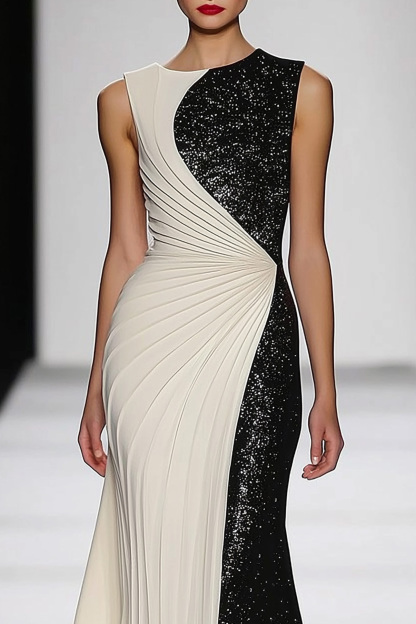 Evening Formal Dress Black White Sequin Sleeveless Floor-Length Gown