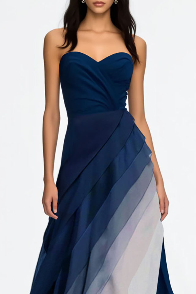 Formal Evening Dress Blue Ombre Strapless Multi-Layered Maxi Dress