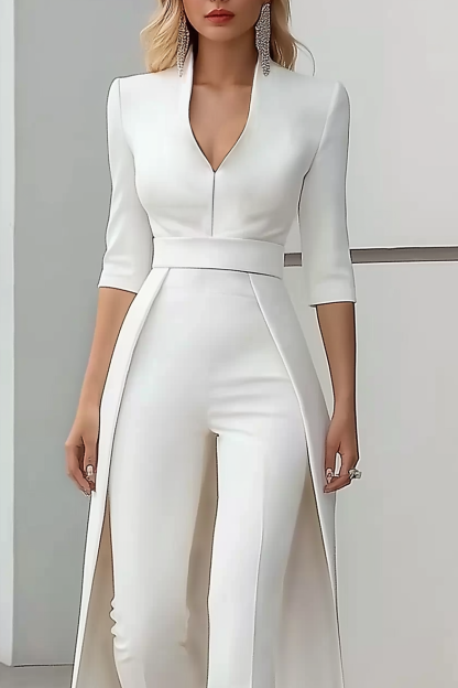 Semi-Formal Party Jumpsuit White V-Neck Half-Sleeve Cape Slim Jumpsuit
