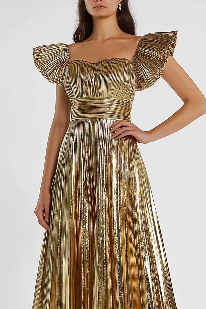 Formal Evening Dress Gold Pleated Metallic Square Neck Maxi Dress