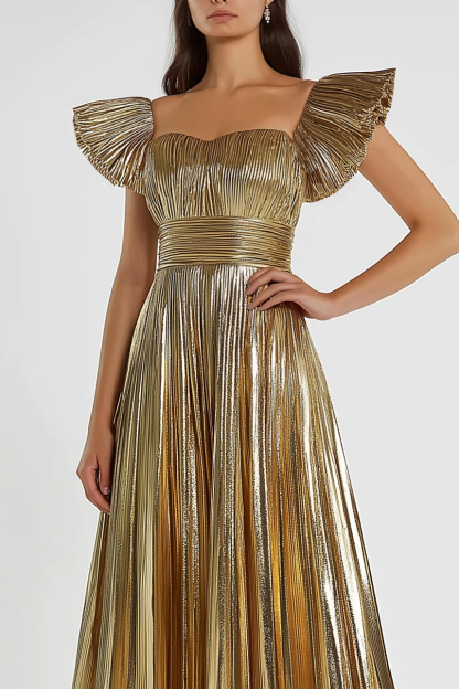 Formal Evening Dress Gold Pleated Metallic Square Neck Maxi Dress