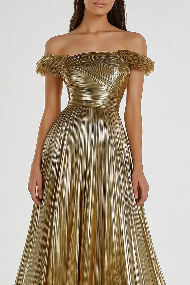 Formal Evening Dress Gold Pleated Metallic Off-Shoulder Maxi Dress