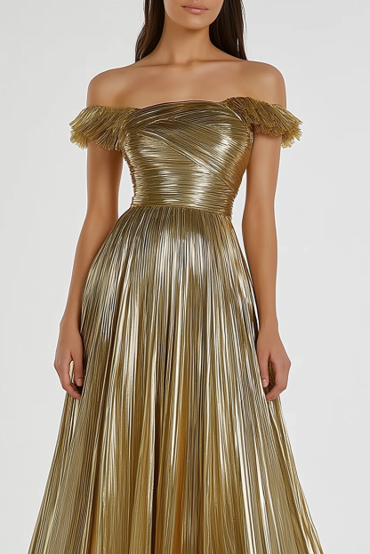 Formal Evening Dress Gold Pleated Metallic Off-Shoulder Maxi Dress