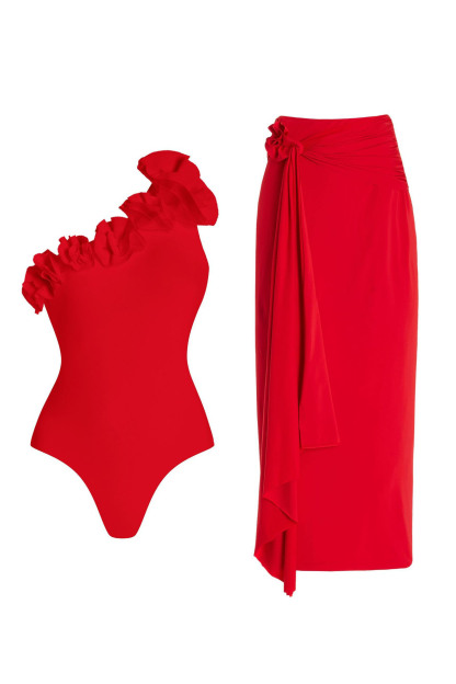 3D Red Floral One Shoulder Swimsuit and Cover-Up