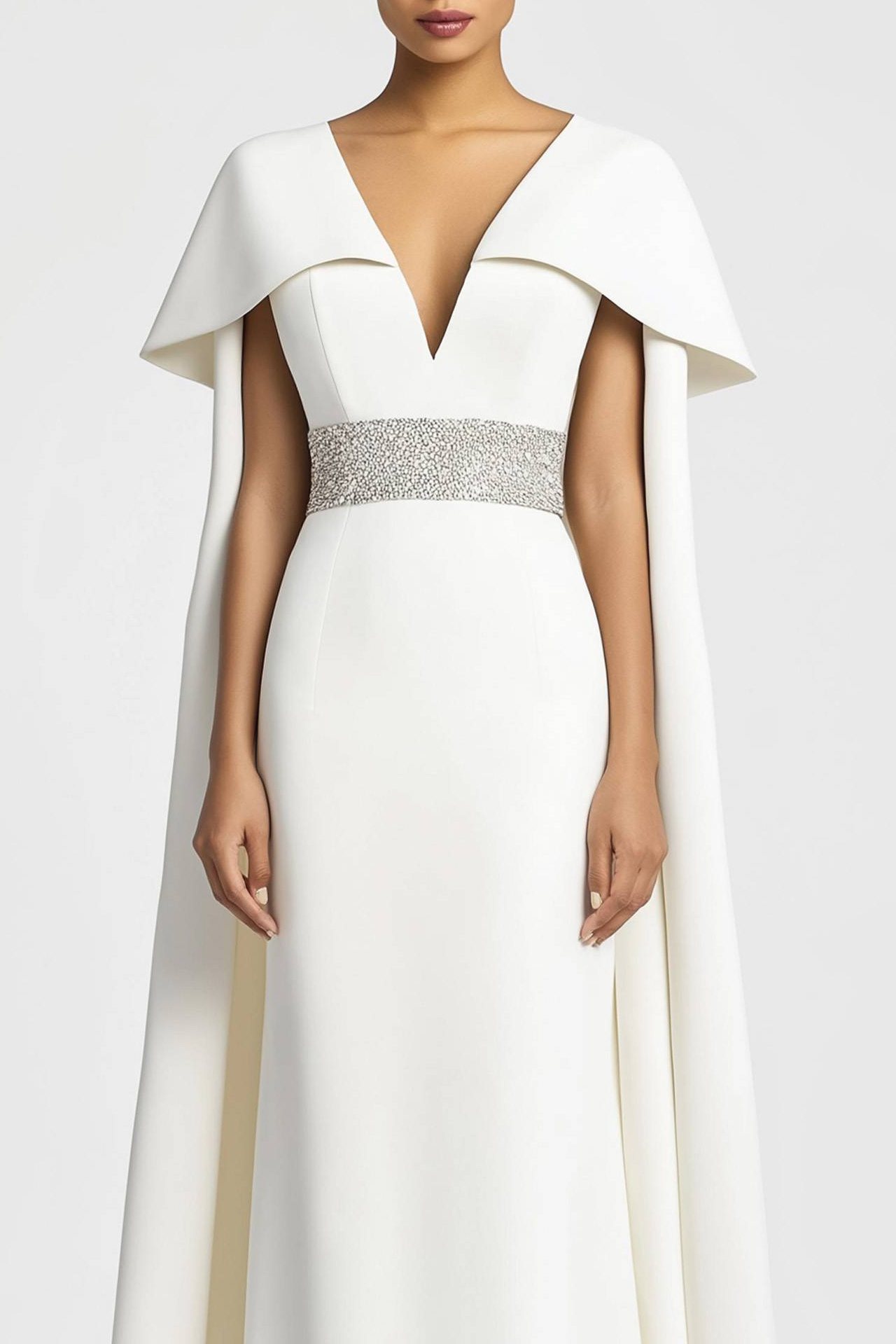 Formal Evening Dress White Deep V with Cape and Rhinestone Belt Maxi Dress