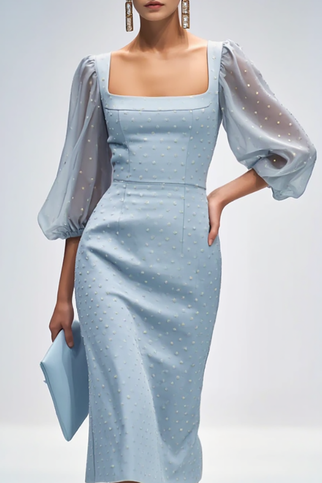 Casual Semi-Formal Dress Light Blue Square Neck Puff Sleeve Pearl Midi Dress