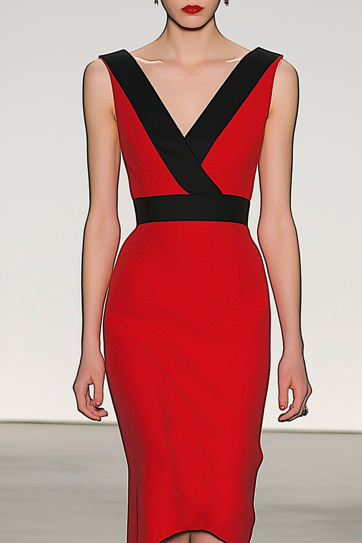 Semi-Formal Party Dress Black Red V-Neck Sleeveless Fitted Midi Dress
