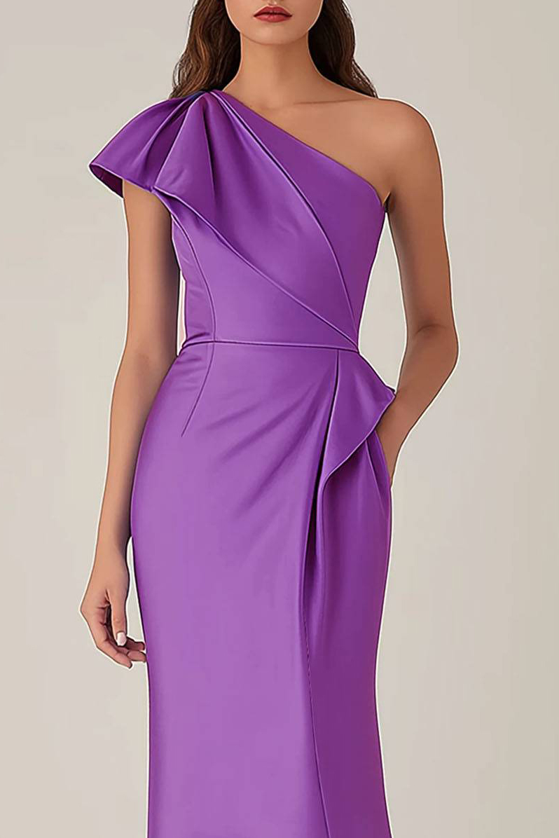 Cocktail Party Dress Purple One-Shoulder Pocketed Midi Dress