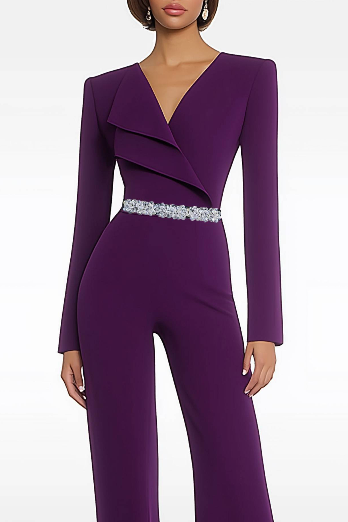 Semi-Formal Party Jumpsuit Purple Long Sleeve V-neck Bell Bottom Pants
