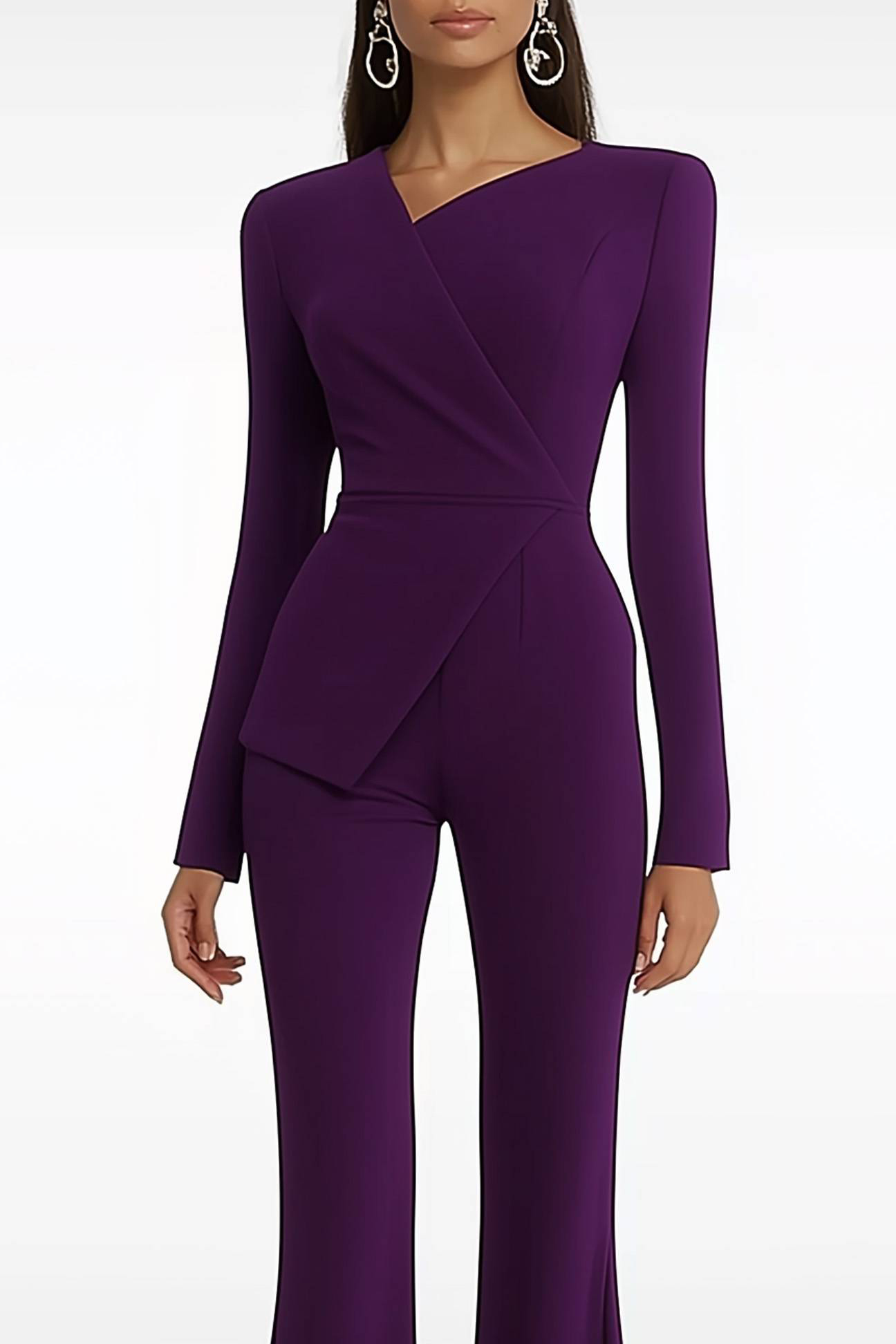 Semi-Formal Jumpsuit Purple Long Sleeve Slit Bell Bottom Pants