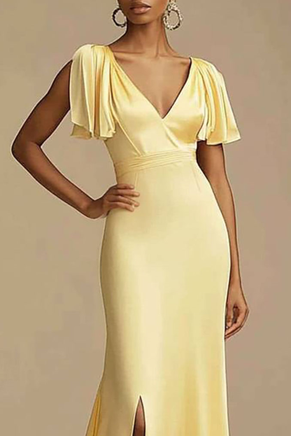 Evening Formal Dress Yellow V-neck Slit Floor-Length Dress