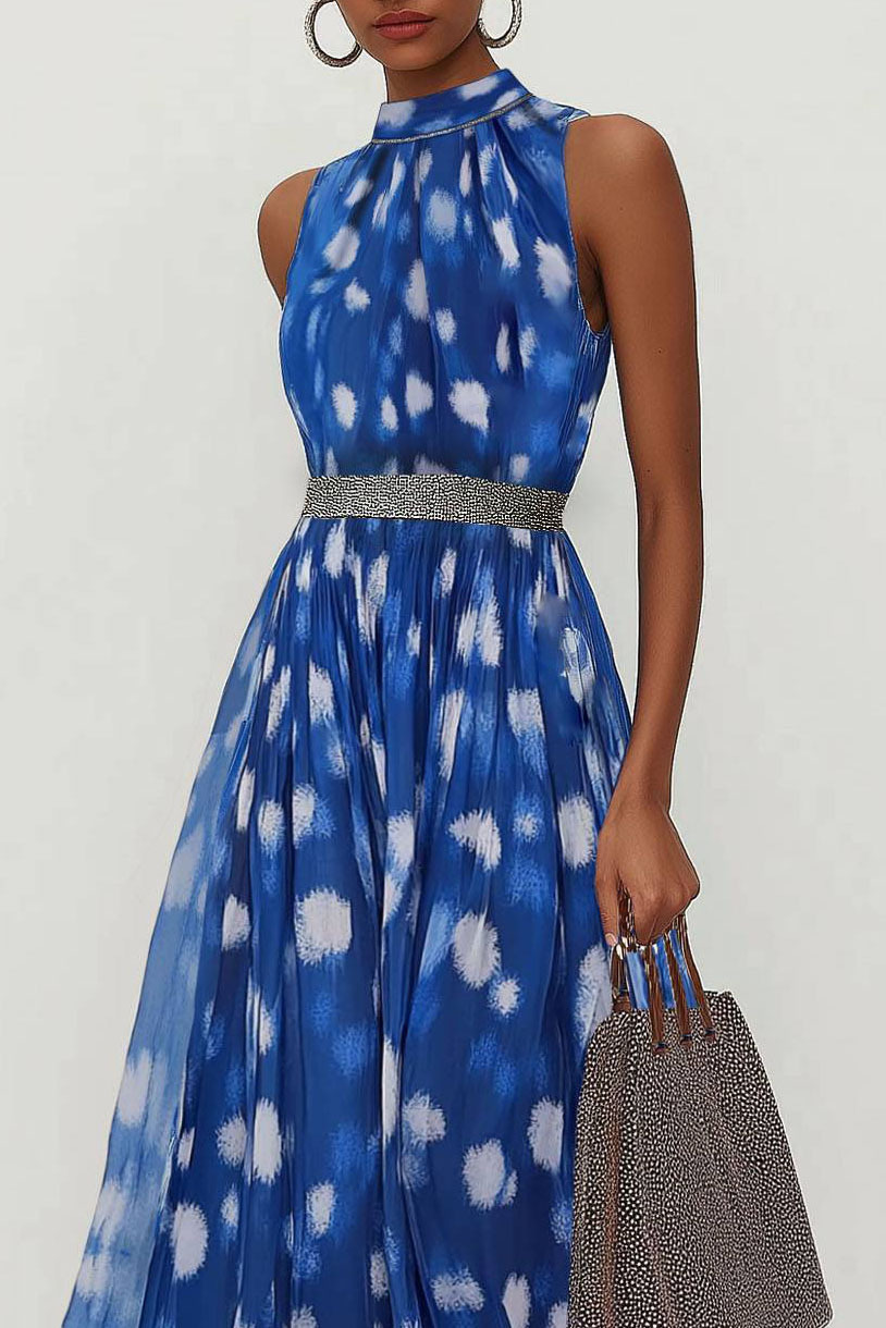 Party Semi-Formal Dress Blue Sleeveless Chiffon Silver Belt Maxi Dress