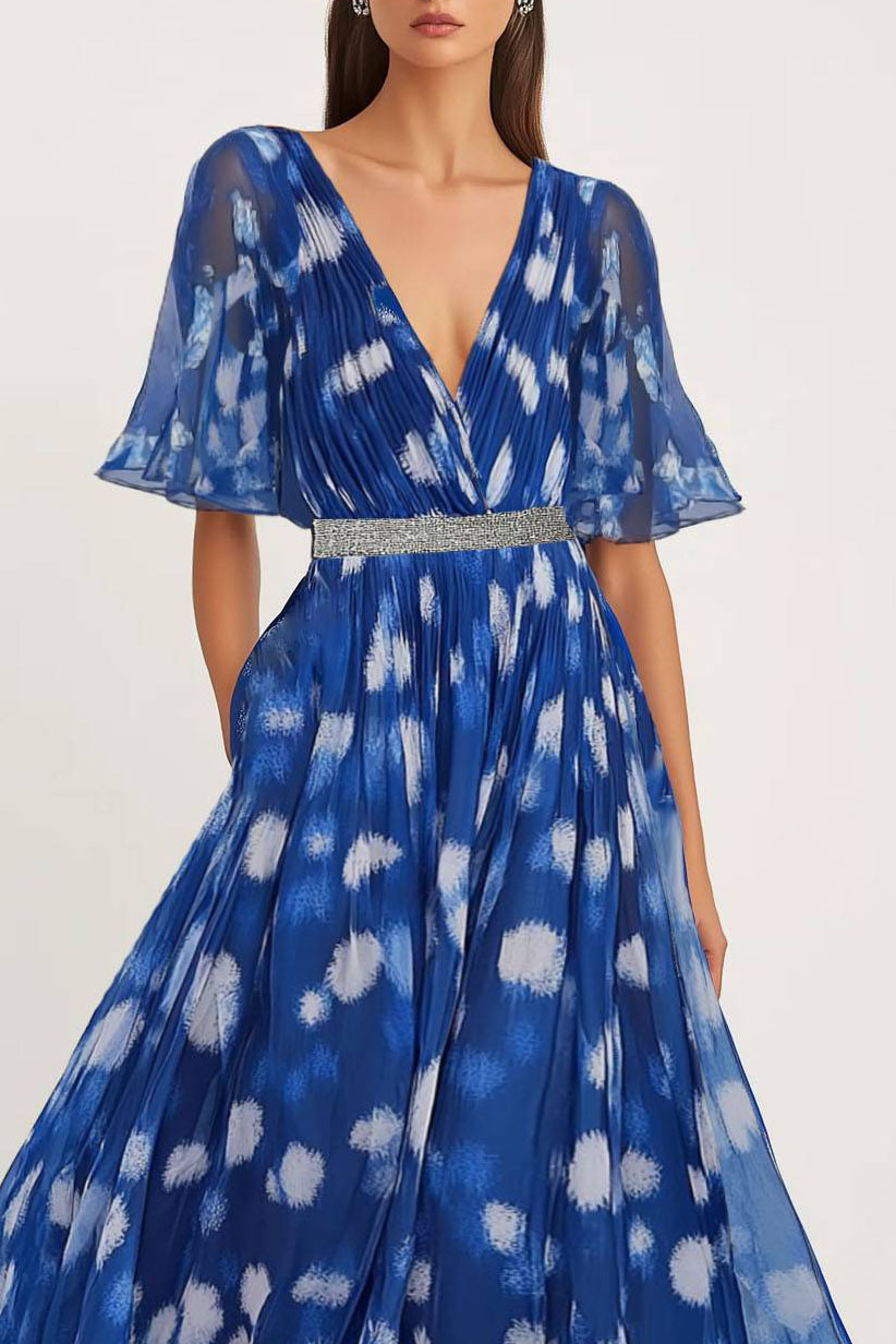 Party Semi-Formal Dress Blue Deep V-neck Chiffon Silver Belt Maxi Dress
