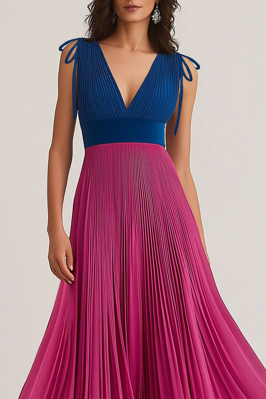 Party Chiffon Dress Pleated Fuchsia Blue V-neck Sleeveless Maxi Dress