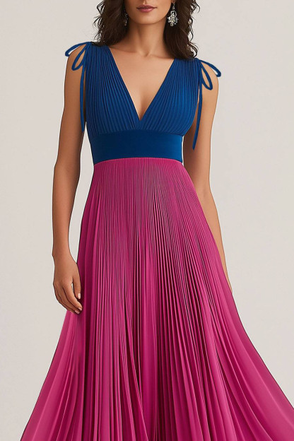 Party Chiffon Dress Pleated Fuchsia Blue V-neck Sleeveless Maxi Dress