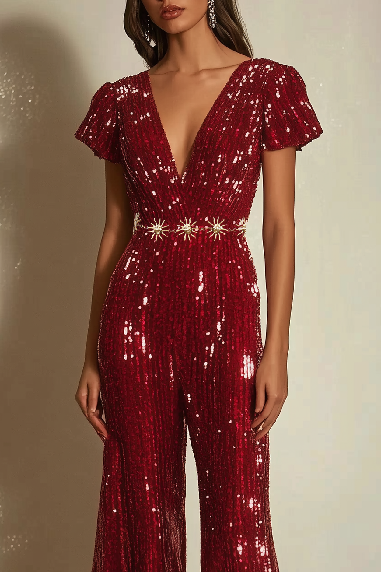 Party Sequin Jumpsuit Red V-neck Short Sleeve Bell Bottom Pants