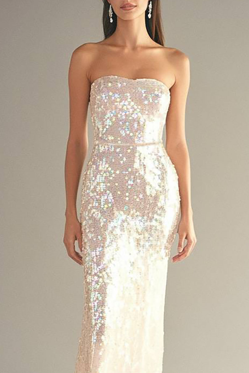 Formal Sequin Strapless Dress Light Pink Form-Fitting Floor-Length Gown