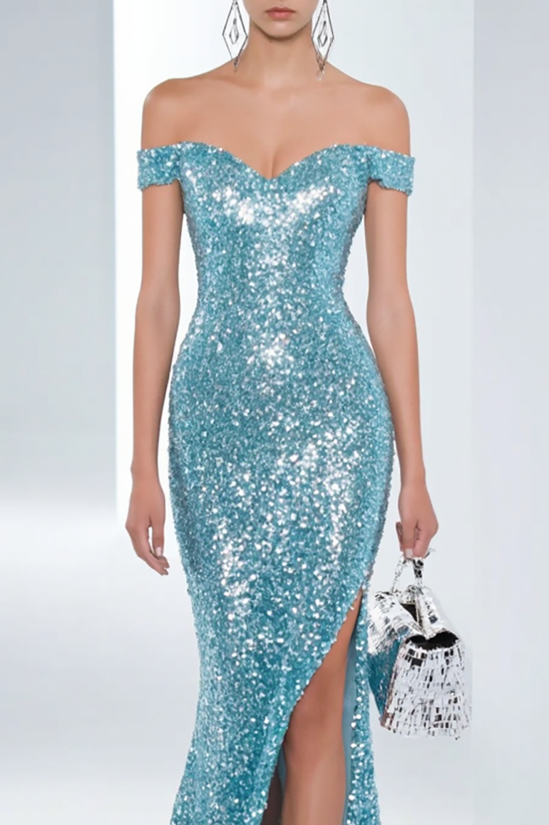 Evening Formal Sequin Dress Blue One-Shoulder High Slit Floor-Length Gown
