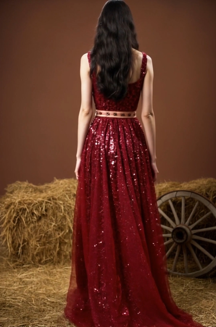 Evening Sequin Dress Red Spaghetti Straps Mesh Floor-Length Gown
