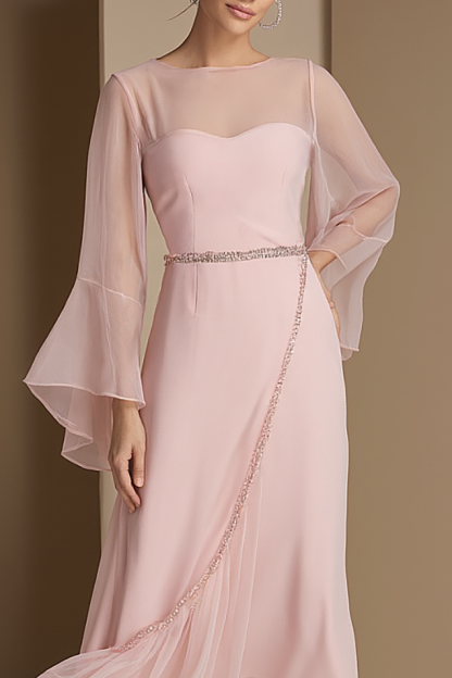 Semi-Formal Party Chiffon Dress Pink Round Neck Midi Dress