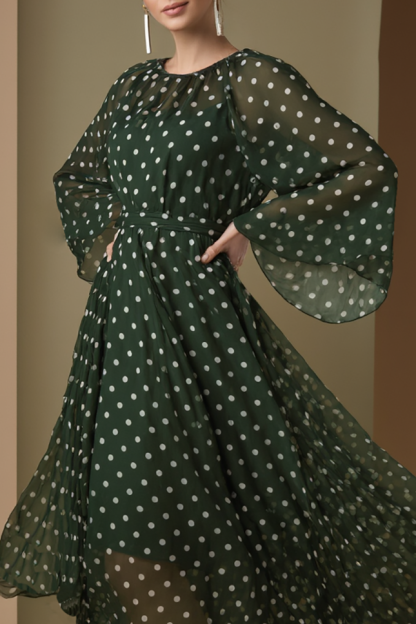 Daily Party Chiffon Dress Green White Polka Dot Maxi Dress