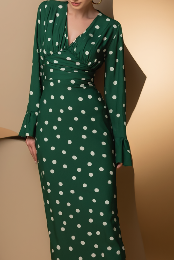Daily Party Polka Dot Dress Green V-Neck Ruffle Long Sleeve Midi Dress