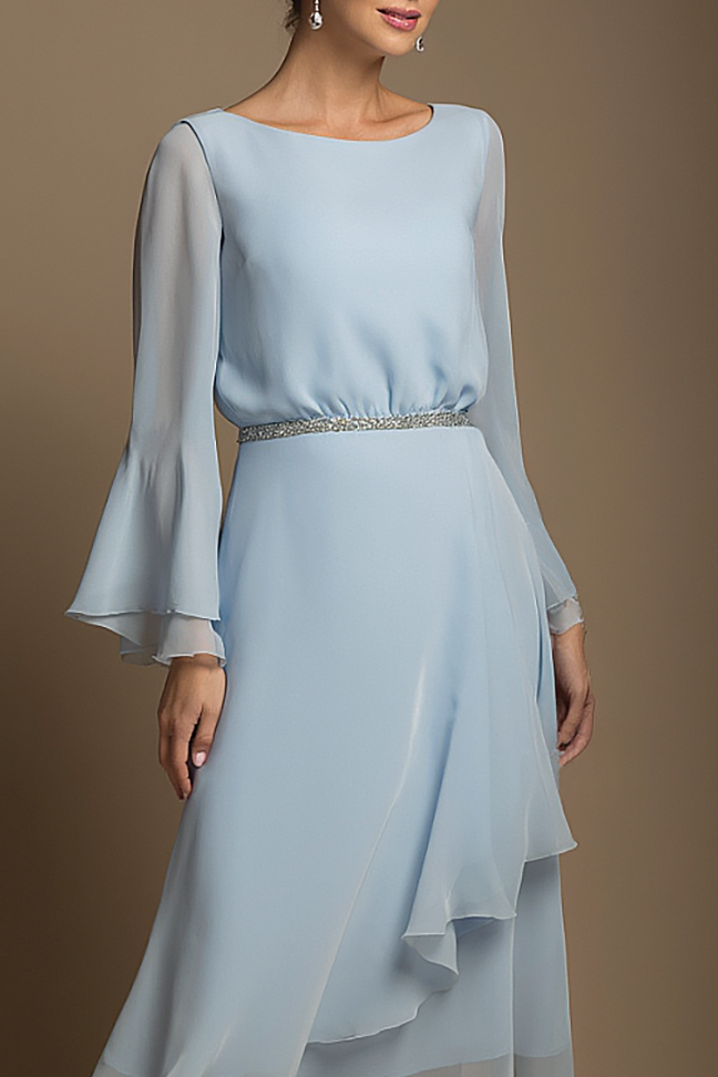 Daily Party Chiffon Dress Light Blue Round Neck Long Sleeve Ruffle Midi Dress