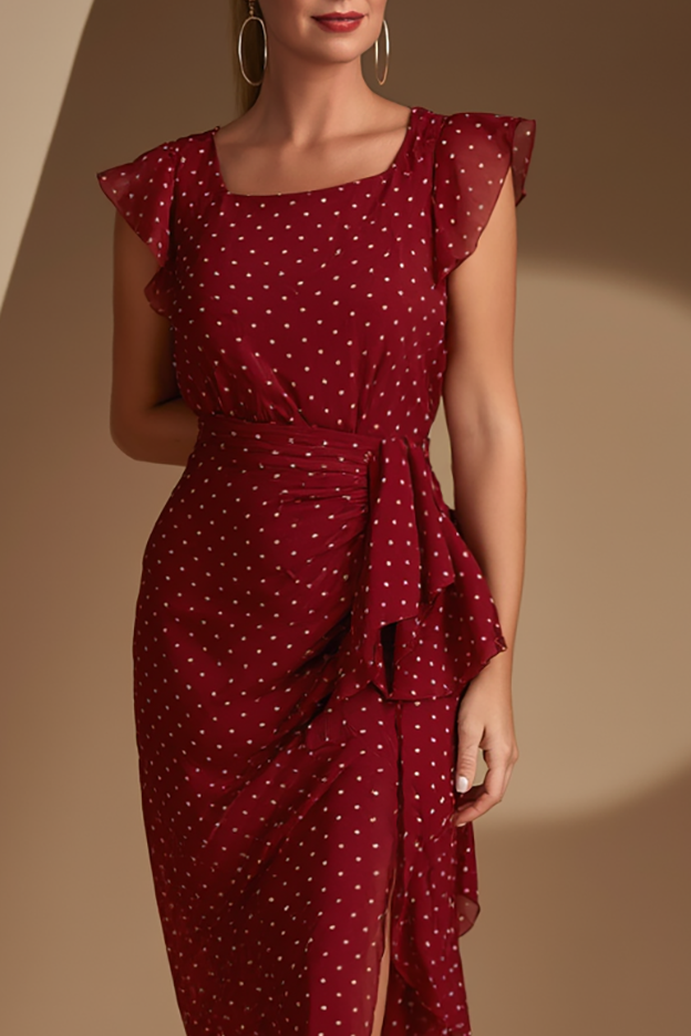 Daily Chiffon Dress Red Square Neck White Polka Dot Side Slit Midi Dress