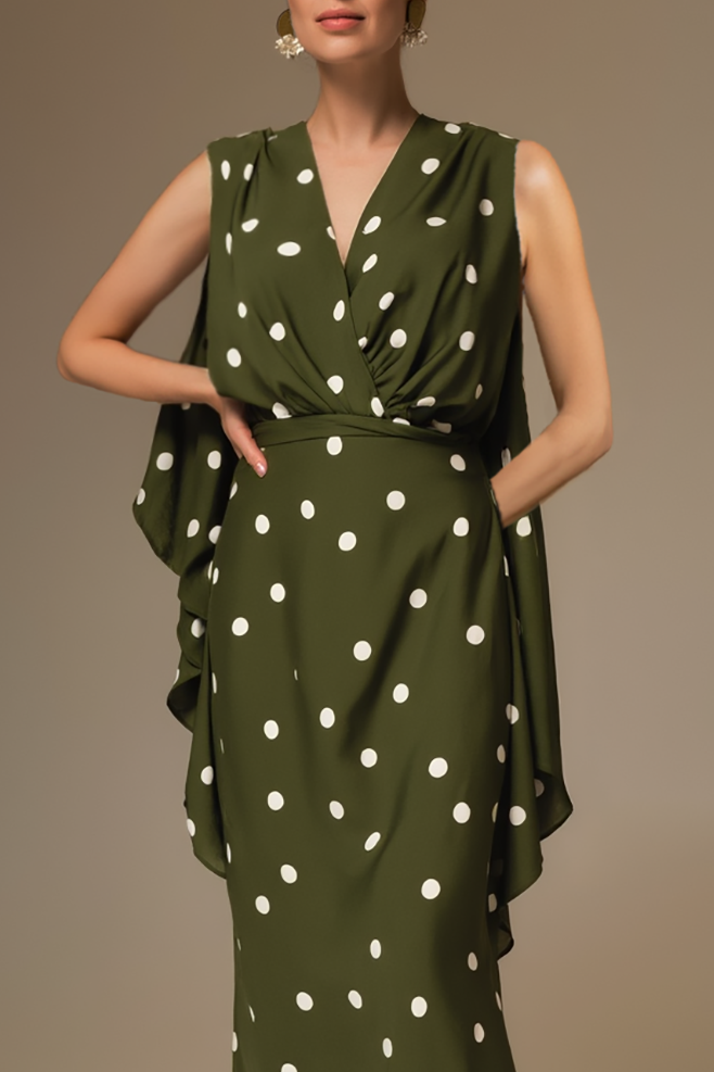 Daily Polka Dot Dress Green Sleeveless Cross Neck Pocketed Midi Dress