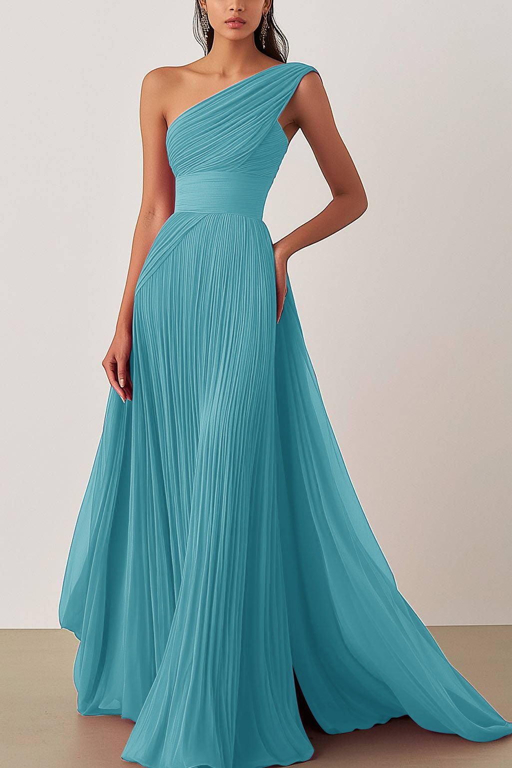 Prom Formal Pleated Dress Rose Color One-Shoulder Floor-Length Dress