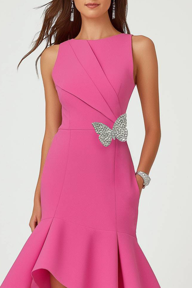 Semi-Formal Party Dress Pink Round Neck Butterfly Mermaid Midi Dress