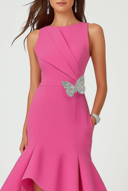 Semi-Formal Party Dress Pink Round Neck Butterfly Mermaid Midi Dress