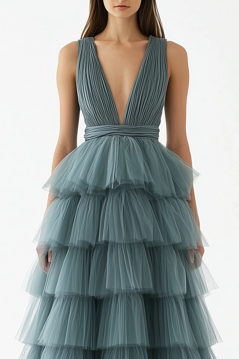 Prom Dress Green Sleeveless Deep V Tiered Layer Dress Floor-Length Gown