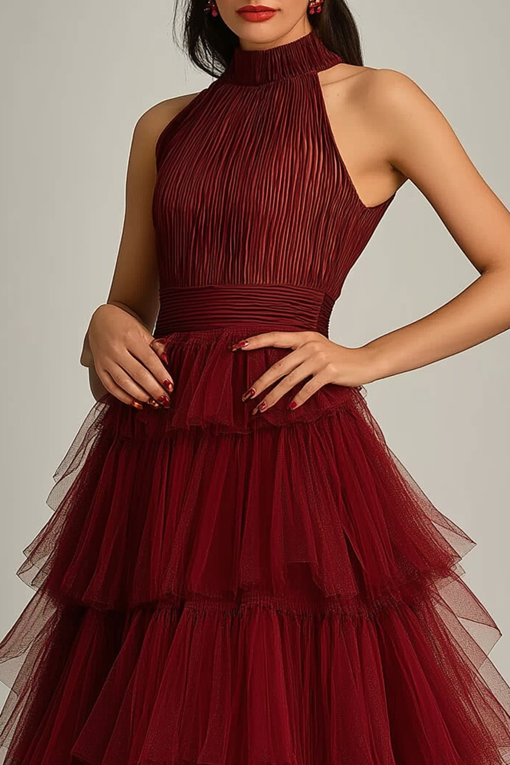 Prom Dress Red Stand Collar Sleeveless Tiered Layer Dress Floor-Length Gown