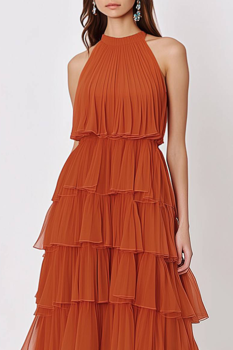 Evening Prom Dress Orange Halter Tiered Layer Dress Floor-Length Gown