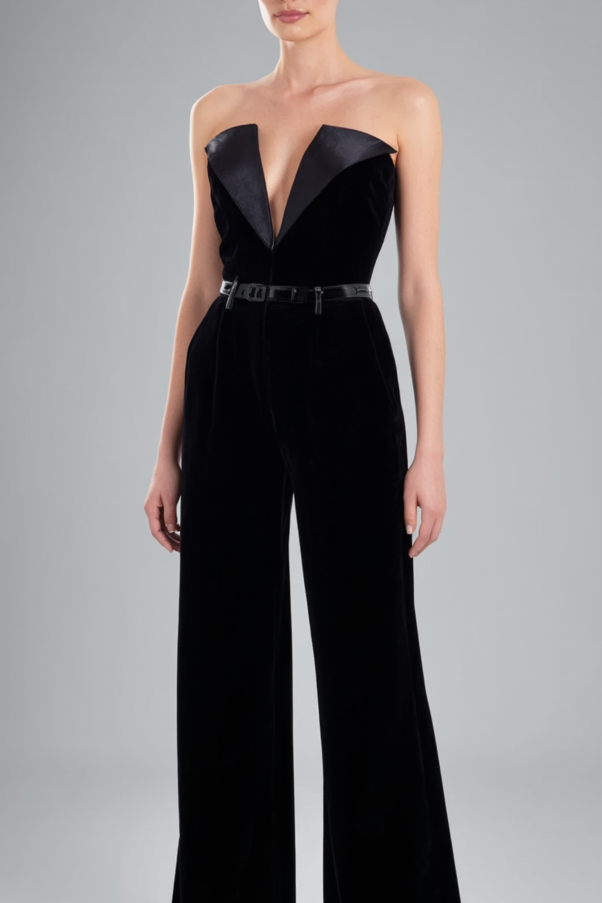 Chic Party Jumpsuit Black Deep V-Neck Strapless Straight-Leg Pants