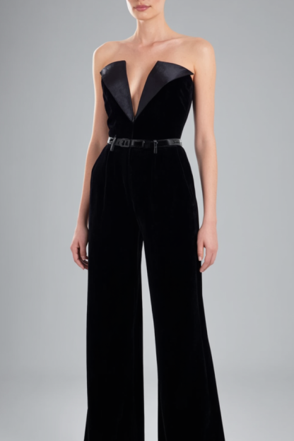 Chic Party Jumpsuit Black Deep V-Neck Strapless Straight-Leg Pants