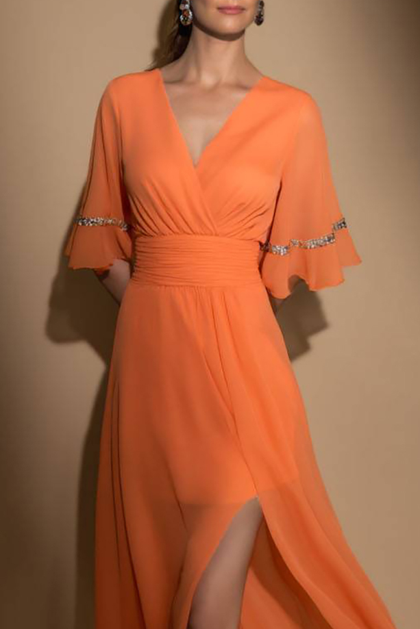 Cocktail Party Dress Orange V-Neck Side Slit Chiffon Maxi Dress