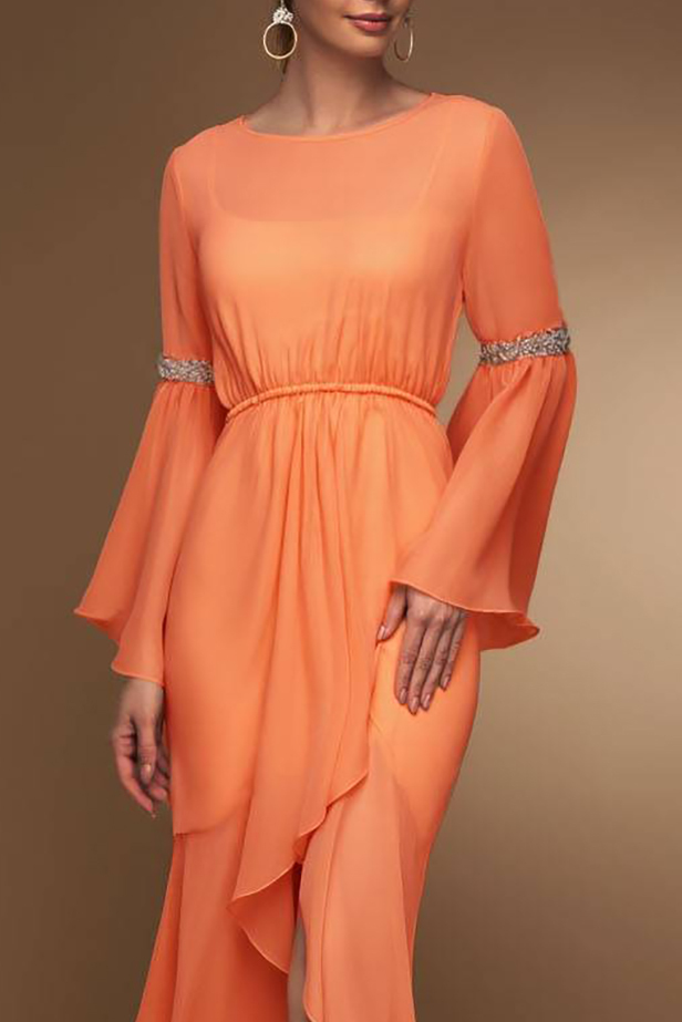 Cocktail Party Dress Orange Round Neck Long Sleeve Chiffon Side Slit Midi Dress