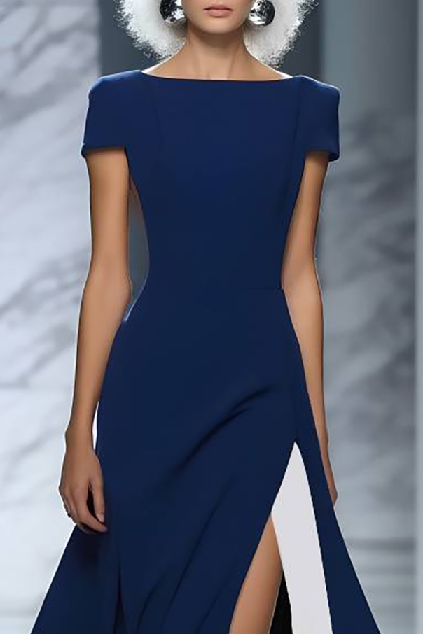 Formal Evening Dress Deep Blue Boat Neck Side Slit Maxi Gown