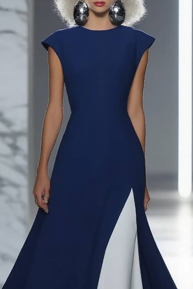 Formal Evening Dress Blue White Colorblock Round Neck Midi Dress
