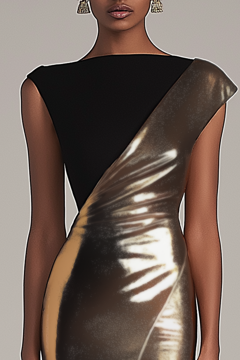 Formal Evening Dress Black Gold Metallic Sleeveless Slit Maxi Gown